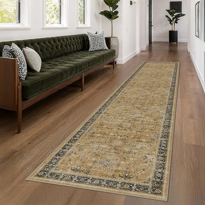 Boho Washable 10ft Long Runners for Hallways, Rustic Brown and Charcoal Olive 2'6"x10' Wide Kitchen Runner Rug, Vintage Entryway Indoor Rug, Non-Slip Stain Resistant Low Pile Throw Rug