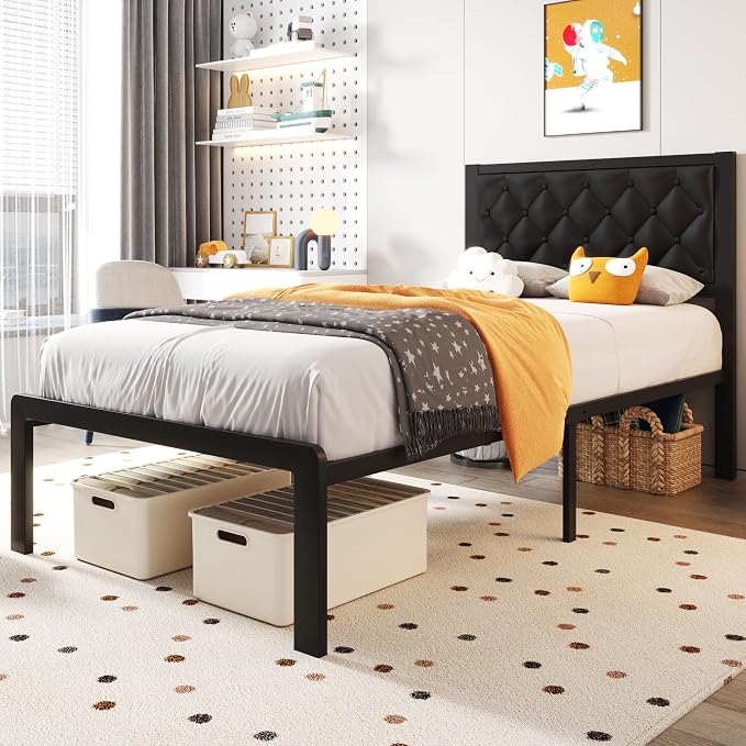 Fluest Twin Bed Frame with Headboard PU Leather Upholstered Bed Frame Platform,All Metal Slats Support Platform Bed Frame with Storage Space,Easy Assembly,Noise Free,No Box Spring Needed,Black