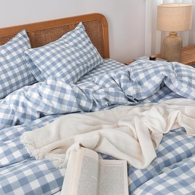 BESTOUCH Gingham Cotton Duvet Cover Set Cornflower Blue Twin | Washed Cotton, Linen Feel, Soft Wrinkle Texture, Hidden Zipper, 8 Ties, Breathable Lightweight Durable Comfy, 2 Pcs No Insert