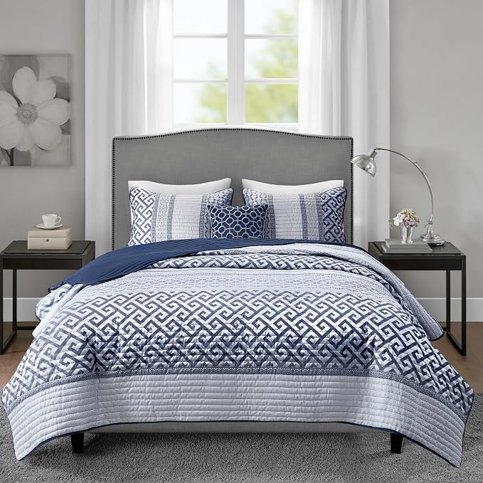 Madison Park Quilt Set Luxurious Jacquard Stripes Design - All Season, Coverlet Bedspread Lightweight Bedding Layer, Shams, Decorative Pillow, King/Cal King(104"x94"), Geometric Navy 4 Piece | All Season Bedding Set, Lightweight, Geometric, Machine Was...