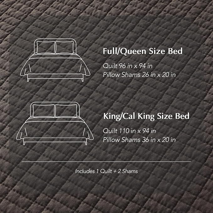EverGrace 100% Cotton Modern Grid Stitch Quilt Set, Queen Size, Dark Brown | Pre-Washed Cotton Coverlet Bedspread, Oversized Lightweight 3-Piece Bedding Set for All Season, with 2 Pillow Shams