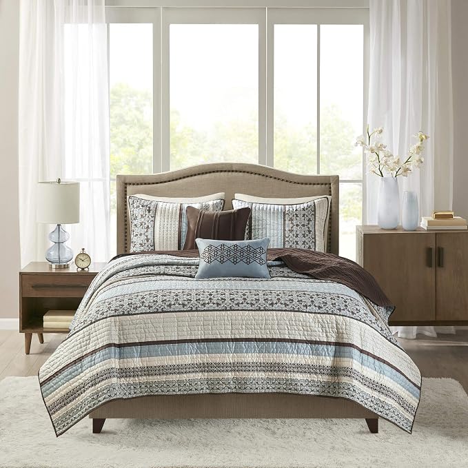Madison Park Quilt Set Luxurious Jacquard Stripes Design - All Season, Coverlet Bedspread Lightweight Bedding Layer, Shams, Decorative Pillow, King/Cal King(104"x94"), Floral Blue 5 Piece | All Season, Luxurious Coverlet Bedspread Lightweight Bedding L...