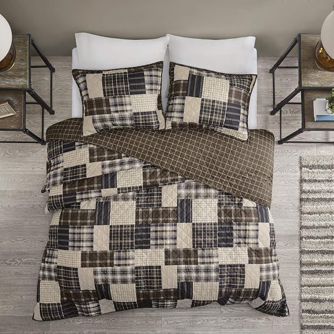 Madison Park Reversible Quilt Cabin Lifestyle Plaid Design - All Season, Breathable Coverlet Bedspread Bedding Set, Matching Shams, Timber Black/Brown King/Cal King(104"x94") 3 Piece | Diamond Quilted, Reversible Coverlet Set, Plush Cotton Filled, Ligh...