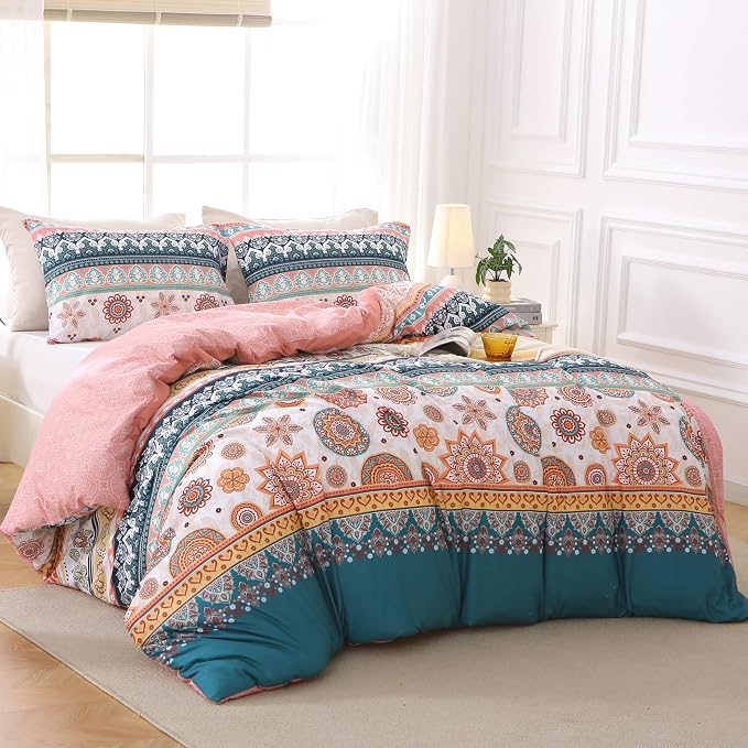 MUXHOMO Duvet Cover Full Size Floral Duvet Cover Set with Zipper Closure, Boho Flower Bedding Set, 3 Pieces, 1 Duvet Cover 80"x90" with 4 Corner Ties and 2 Pillowcases 20"x26"