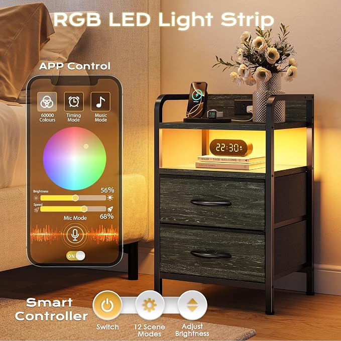 Huuger Nightstands Set of 2, Night Stand with LED Lights, Charging Station | USB-C Ports, 2 Drawers Bedside Table, Open Shelf, 2-Way Power Panel Install, End Table, Charcoal Black Wood Grain Print