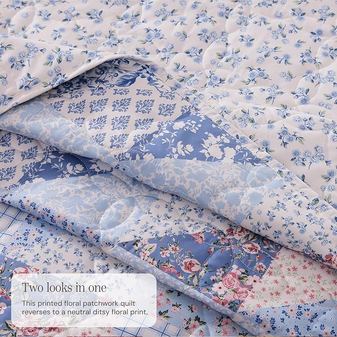 Twin/Twin XL Quilt Set-2 Pieces Soft Bedding Floral Patchwork Coverlet | All Seasons Lightweight Quilts Queen Size, 1 Quilt (66" x 92") and 1 Sham (20" x 26"), Reversible Bedspread, Blue Pink