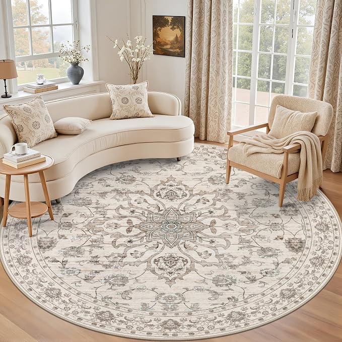 Round Area Rug for Living Room: 4ft Boho Washable Rug Brown Beige | Vintage Boho Soft Round Rug Indoor Floor No Slip Carpet Stain Resistant Rugs for Bedroom Dining Room Nursery Home Office