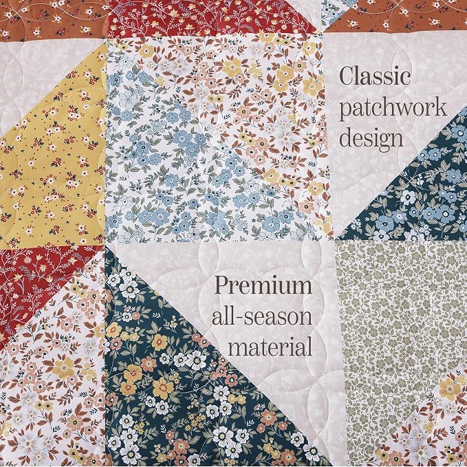 Oversized Queen Quilt Set-3 Pieces Soft Bedding Floral Patchwork Coverlet | All Seasons Quilts Queen Size for Bed, 1 Quilt (120" x 110") and 2 Shams (20" x 36"), Vintage Bedspread, Burnt Orange