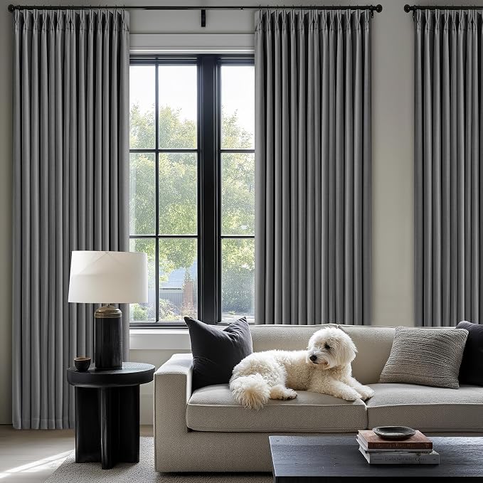 Dark Grey Pleated Thick Linen Blackout Curtains 100 Inches Long with Liner | 100% Black Out, Thermal Insulated, Pinch Pleat with Ring Hooks, Room Darkening Drapes for Living Room Bedroom, Charcoal Gray