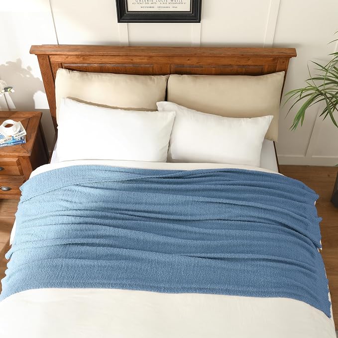JOOJA Dusty Blue Throw Blanket for Bed, Super Soft Knit Blankets, Cozy Fleece Fuzzy Fluffy Plush Chenille Throws Blanket for Couch, Sofa, 60 x 80 inches