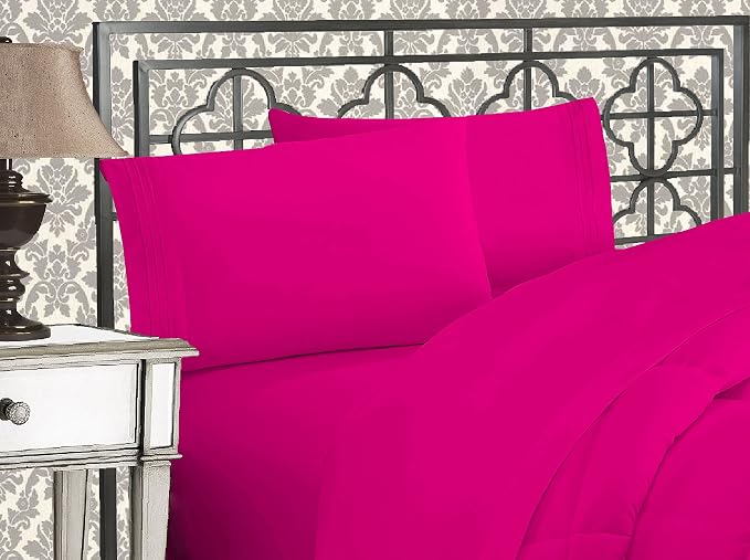 Elegant Comfort Luxurious 1500 Premium Hotel Quality Microfiber Three Line Embroidered Softest 4-Piece Bed Sheet Set, Wrinkle and Fade Resistant, California King, Hot Pink