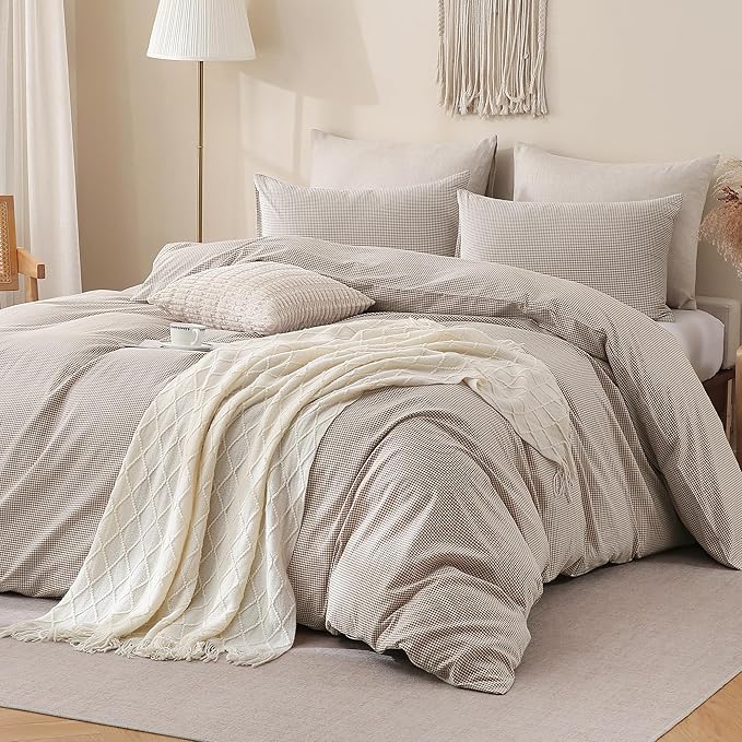 TOCOMOA Mini Gingham Tan Duvet Cover Set Washed Cotton Like Linen, Full | 100% Washed Cotton Linen-Like Feel Soft, Breathable & Comfy. Lightweight Bedding Set with Zipper & 8 Ties. 3 Pcs, No Insert