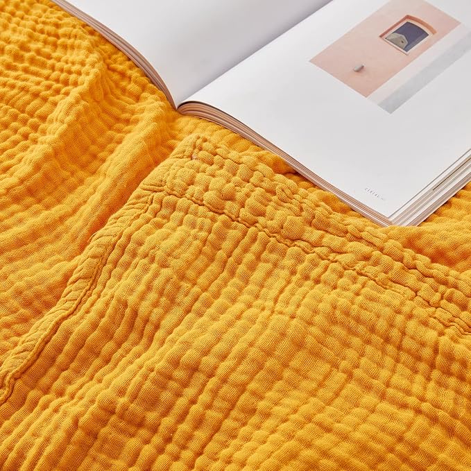 EMME Muslin Blankets for Adults Throw Blanket for Couch Breathable Gauze Soft Lightweight Airy Mustard Yellow Twin 60" x 80"