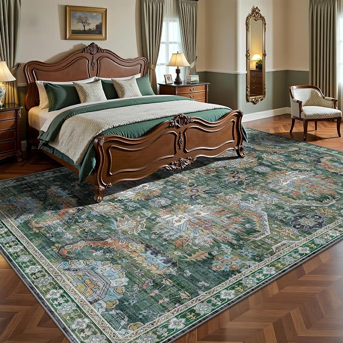 8x10 Area Rugs, Vintage Retro Soft Washable Rug, Non-Slip Low Pile Rugs for Living Room, Bedroom, Dining Room, Stain Resistant Home Decor Rug (Green)