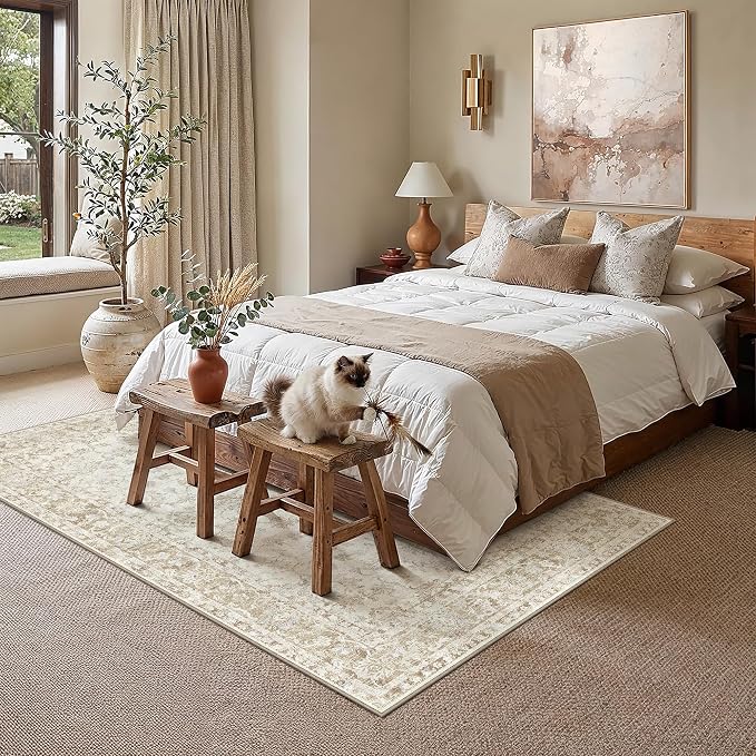 5x7 Beige Neutral Floral Living Room Area Rug | Washable, Soft, Non Slip, Low Pile, Distressed, Carpet for Bedroom Dining Room Nursery Office Indoor Home Decor