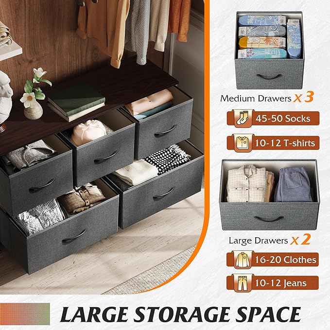 WLIVE Wide Dresser for Bedroom, 5 Drawer Chest of Drawers, Dark Grey | 5 roomy fabric drawers, Wide storage design, Bedroom or closet use, Sturdy steel frame, Smooth wood tabletop