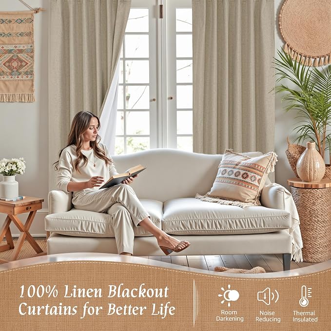 100% Blackout Short Linen Curtains for Cafe 40 Inch Length 2 Panels | Linen Textured, Thermal Kitchen Curtains, Room Darkening Panels, Rod Pocket Back Tab, with White Liner, 42 x 40 Inch, Taupe