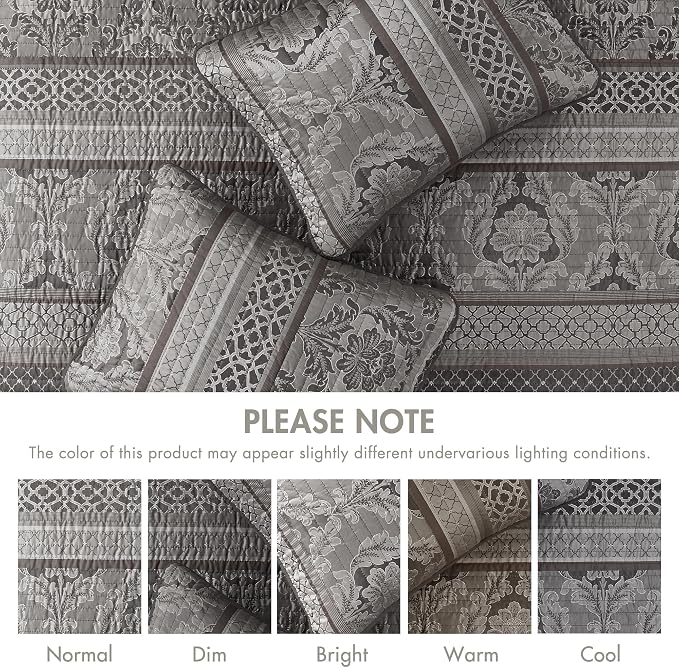Madison Park Traditional Damask Jacquard Quilt Set, 6PC Full/Queen Coverlet | ll Season, Lightweight Coverlet Bedspread Bedding Set, Matching Shams, Pillows, Grey