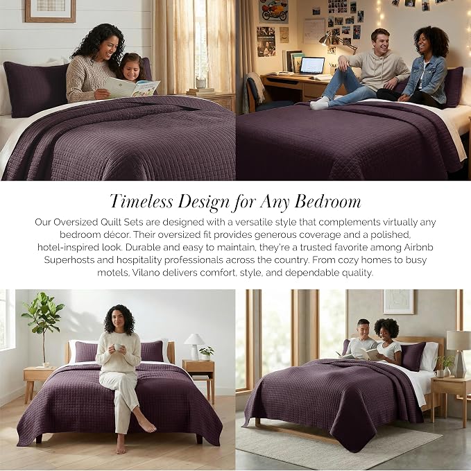 Southshore Fine Living, Inc. Twin XL Quilt Set, Dorm Bedding Essentials, Stain Resistant, Machine Washable Purple Bed Spread, Twin XL Quilt Bedspread Set with Matching Pillow Sham, Purple Quilts