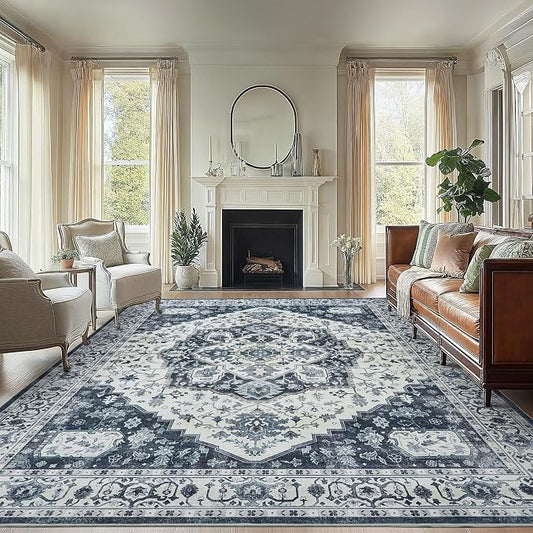 AMADA HOMEFURNISHING 8x10 Area Rug, Washable Low-Profile Large Area Rug with Non-Slip Backing & Durable Edge Binding, Vintage Large Rugs for Living Room, Bedroom