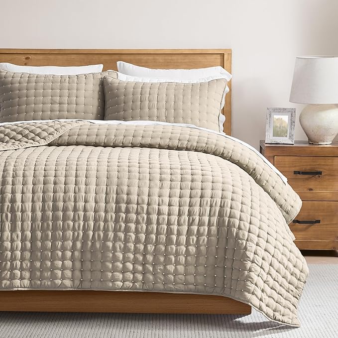 WDCOZY Beige Twin Size Quilt Bedding Sets with Pillow Sham, Tan Cream Lightweight Bedspread Coverlet, Quilted Blanket Thin Comforter Bed Cover, All Season Summer Spring, 2 Pieces, 68x90 inches