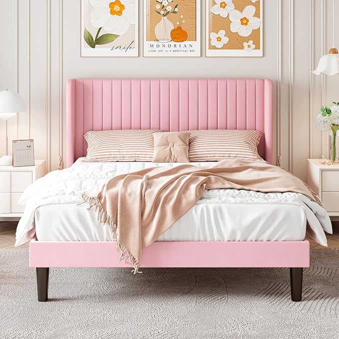SHA CERLIN Queen Size Velvet Bed Frame, Tufted Wingback Headboard, Pink | 47'' Modern Vertical Channel Headboard, Upholstered Platform Bed, Wood Slats, No Box Spring Needed, Easy Assembly, Noise Free