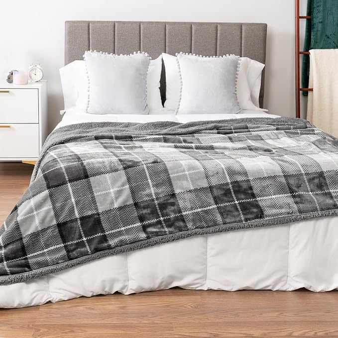 PAVILIA Twin Plaid Sherpa Throw Blanket for Couch Sofa Bed Light Grey 60x80 | GSM 460; Soft Plush Flannel Fleece; Warm&Cozy for Home; Machine Washable, Perfect Cabin Decor Winter Holiday Christmas Gift