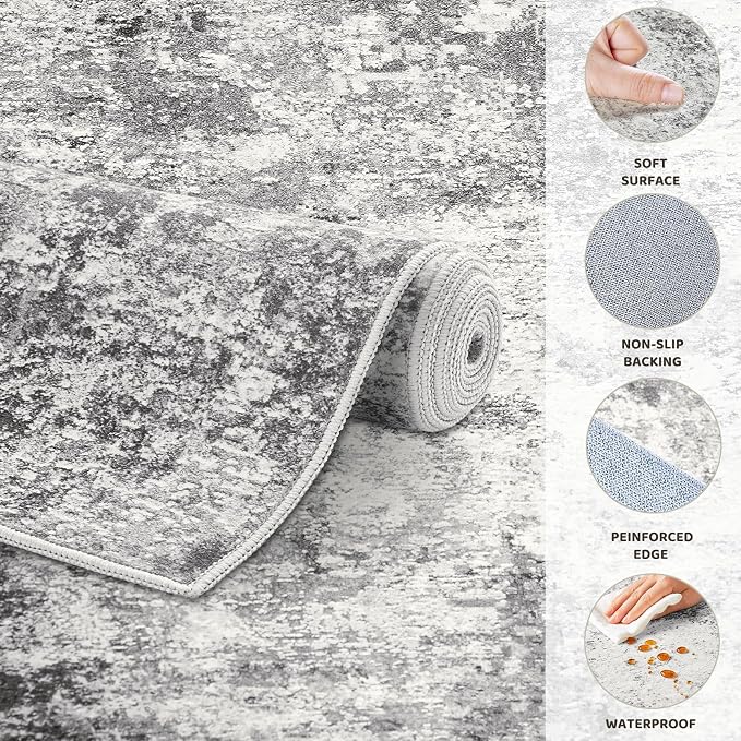 UERMEI 8ft Round Area Rug Living Room Rugs - 8x8 Washable Neutral Modern Abstract Soft Thin Rug Indoor Floor No Slip Rug Carpet for Bedroom Under Dining Table Home Office Decor - Grey
