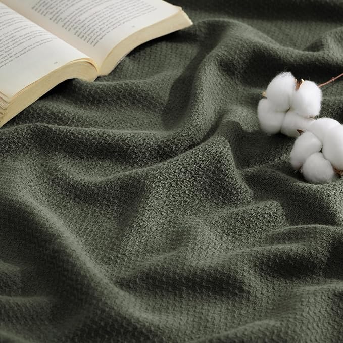 Bedsure 100% Cotton Blanket, Herringbone Weave, Throw XL, Olive Green | Cooling, Breathable, Lightweight, Soft, Ideal for Summer Nights, Throw Blankets for Couch, Office Chair, 50x70 Inches
