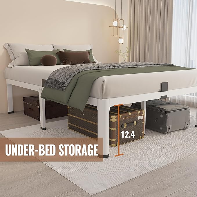 MAF 14 Inch King Metal Platform Bed Frame White with Round Corner Legs | Mattress Baffle, 3000 LBS Heavy Duty Steel Slat Support, Noise Free, No Box Spring Needed, Easy Assembly, 12.4" Storage Space