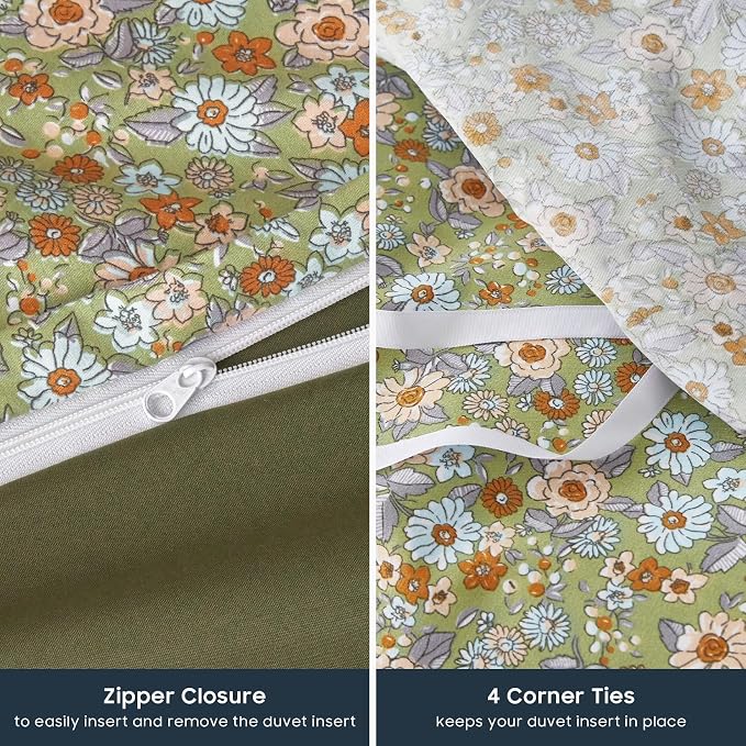 Wake In Cloud - Floral Duvet Cover Set, Cute Vintage Flower Cottagecore Aesthetic for Women Teen Girls, Soft Lightweight Bedding, 3-Piece, Olive Green, Full Size