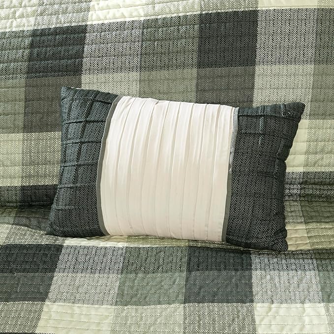 Madison Park Cabin Lifestyle Plaid Quilt Set, 6PC Full/Queen Coverlet | All Season, Luxurious Coverlet Bedspread Lightweight Bedding Layer, Shams, Decorative Pillow, Grey