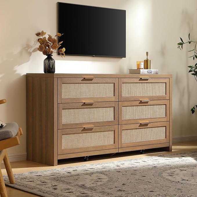 SICOTAS Rattan Dresser for Bedroom, 57" Wide 6 Drawer Dresser | Dressers with Ample Storage, Large Chest of Drawers, Closet, Boho TV Stand for Bedroom, Reclaimed Caramel Oak, 1 Piece