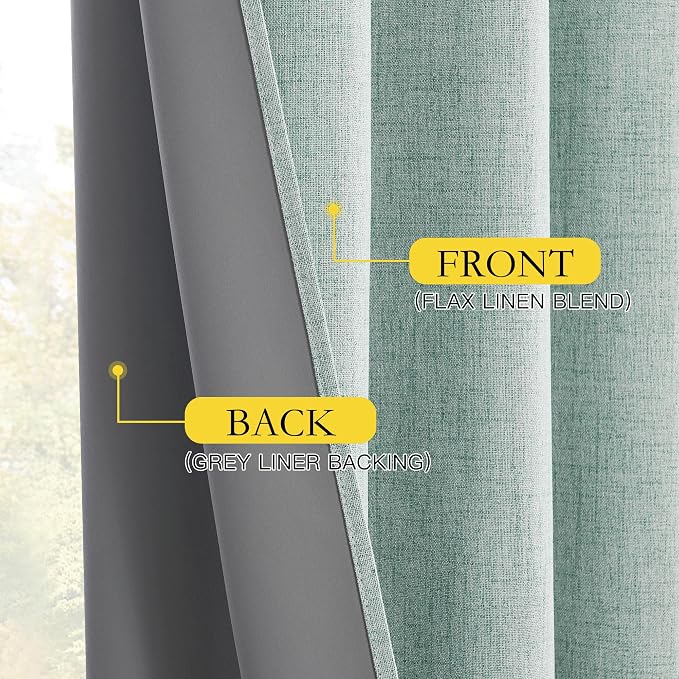 NICETOWN 100% Absolutely Blackout Linen Curtains with Thermal Insulated Grey Liner, Seafoam Green, 52" Wide, 108" Length Energy Saving Curtains for Living Room 2 Panels Set, Vertical Blinds