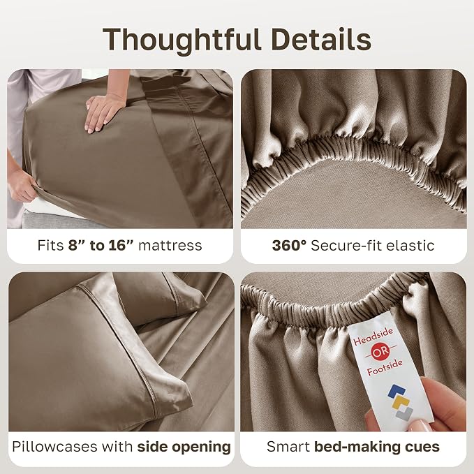 California Design Den 100% Cotton Sateen Deep Pocket King Sheet Set, Mocha | 400 Thread Count Backed by Good Housekeeping Seal, 16" Deep Pocket, All-Around Elastic, Durable, Easy Care