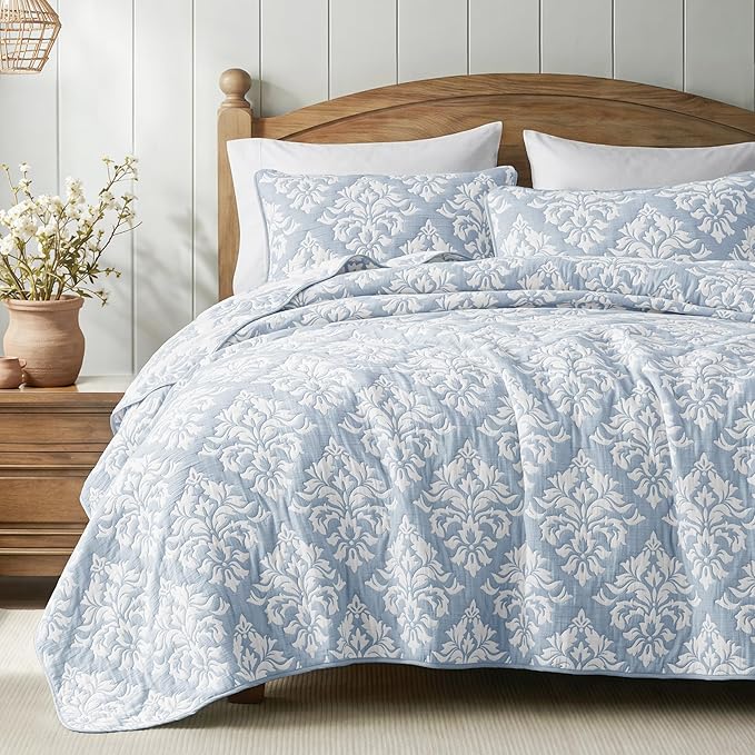 Exclusivo Mezcla Cotton Quilts King Size Blue | Soft Lightweight Bedspread, Breathable Prewashed Yarn Dyed Muslin, All Season Bedding Set, Boho Coverlet With 2 Pillow Shams
