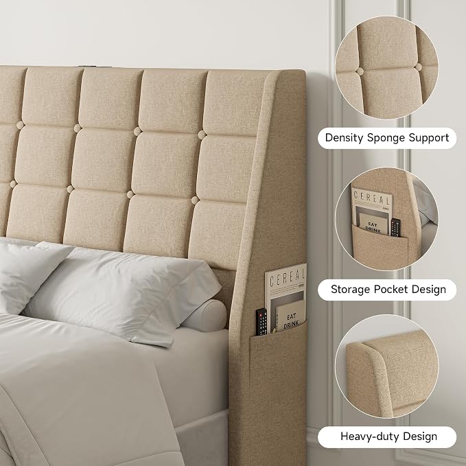 Full Size Headboard with Charging Station, Wingback Ergonomic Headboards | Wingback Upholstered Bed Head Board with Storage Pocket, Sturdy Stable Solid Wood Headboard Only, Bed Frame Adapters, Beige
