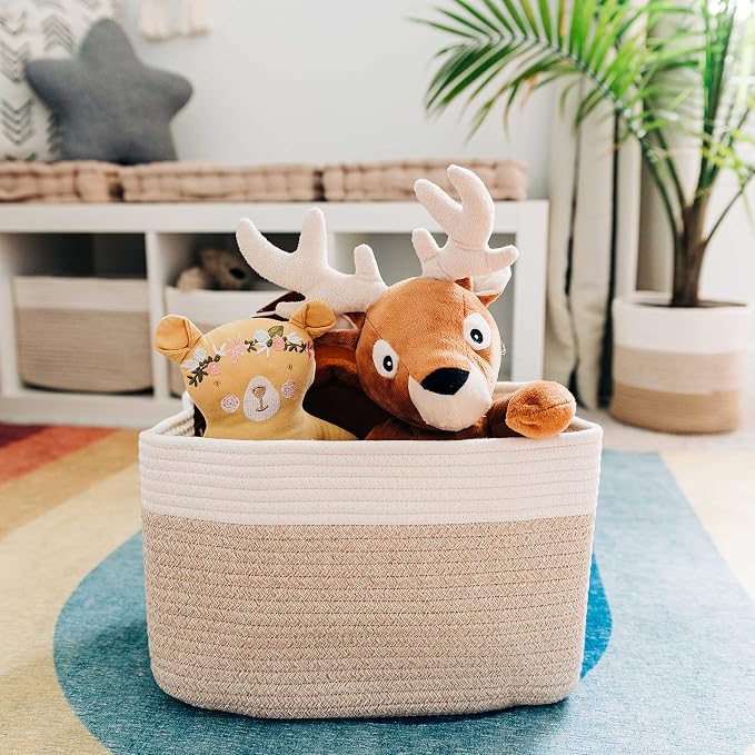 OrganiHaus Cotton Rope Baskets for Shelves, Set of 3, 15x9x10 | Handwoven; a toy bin and organizer for towels, books, or blankets; fits nursery, playroom, or bedroom decor
