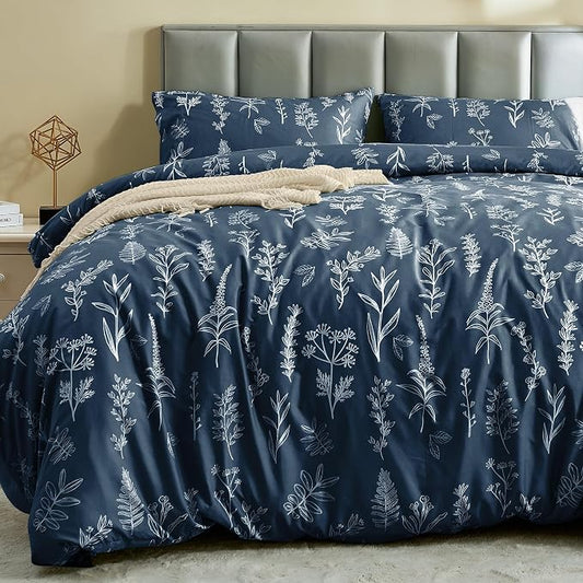 MUXHOMO Duvet Cover Twin/Twin XL Size Set, Reversible Floral Navy Duvet Cover with Zipper Closure, 2 Pieces Botanical Patterns Soft Microfiber Bedding Set with 4 Ties (68"x90", 1 Pillow Case)