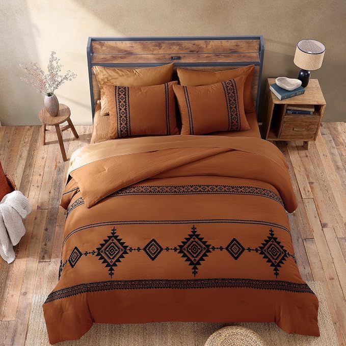 MaiRêve Embroidery King Size Comforter Set 7 Pieces Western Bed in a Bag | Burnt Orange Boho Farmhouse Bedding Sets with Comforter, Sheets, Pillowcases & Shams
