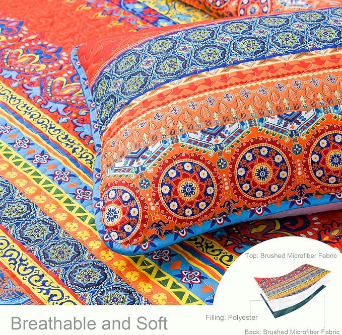 Exclusivo Mezcla Reversible Boho Quilts Full Size Blue | Lightweight Soft Bedspreads, All Season Bohemian Coverlet Bedding Set, Printed Floral Pattern, 1 Quilt and 2 Pillow Shams