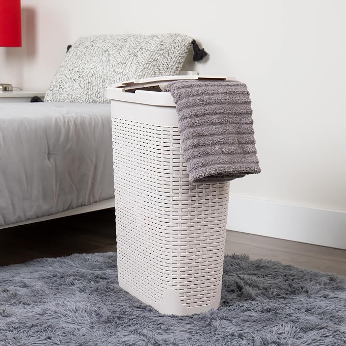 Mind Reader Slim Laundry Hamper with Lid, 40L Clothes Basket, Narrow Tapered Design with Ventilated Cutout Pattern, Plastic, Ivory