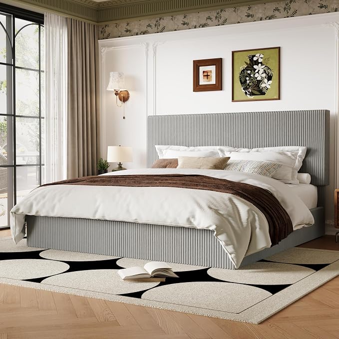 Allewie King Bed Frame, Adjustable Corduroy Headboard, Platform, Grey | Adjustable Headboard, Corduroy Fabric, Low Profile, Wooden Slats, 1000 lb Capacity, No Box Spring Needed