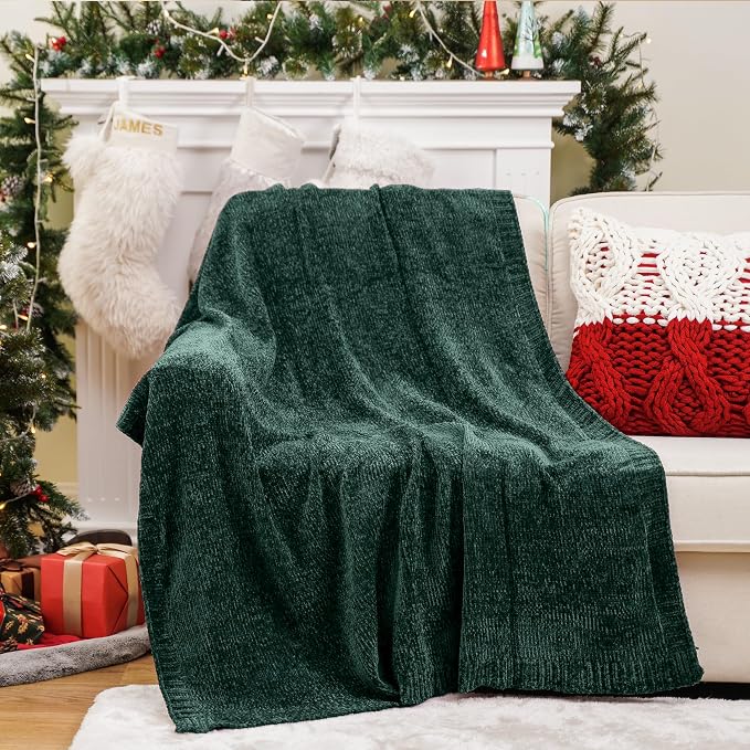 Dark Green Throw Blanket, Chenille Throw Blanket for Couch Bed 51"x67" | Shiny Chenille Blanket, Christmas Green Knit Throw Blanket, Soft Warm Chenille Knitted Blanket for Home Decor