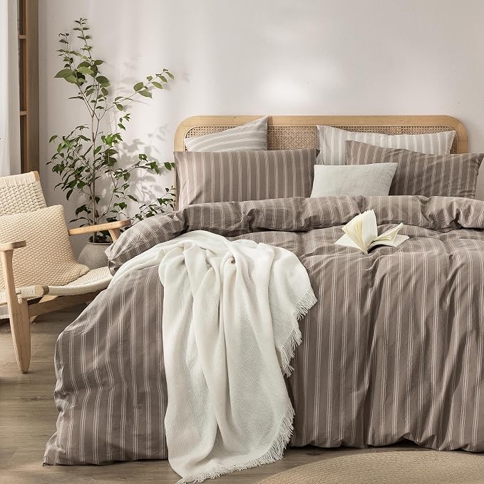 BESTOUCH Striped Cotton Duvet Cover Set Linen Feel Oversized Full | 100% Washed Cotton, Soft Wrinkle Texture, Hidden Zipper, 8 Ties, Breathable Lightweight Durable Comfy, 3 Pcs No Insert