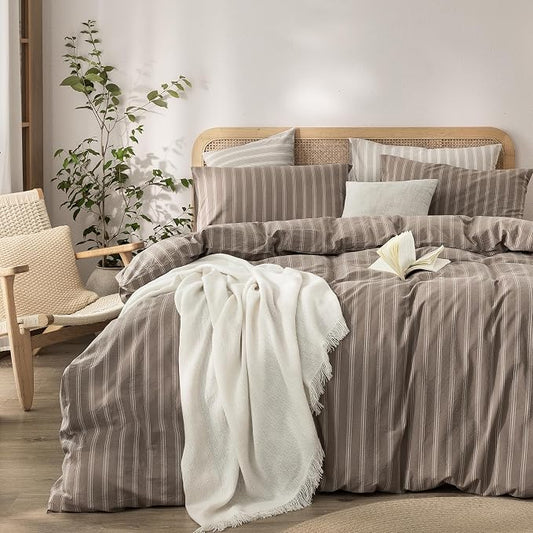 BESTOUCH Striped Cotton Duvet Cover Set Linen Feel Twin | 100% Washed Cotton, Soft Wrinkle Texture, Hidden Zipper, 8 Ties, Breathable Lightweight Durable Comfy, 2 Pcs No Insert