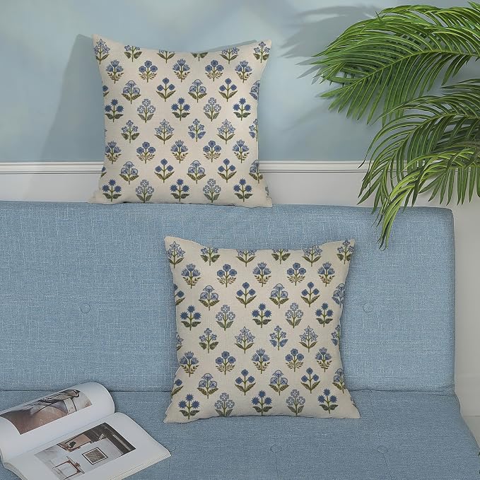 Blue Green Pillow Covers 20x20 Inch 2 Pcs Block Print Vintage Floral Decor Throw Pillows Boho Flower Spring Summer Outdoor Seasonal Decoration Pillowcase Linen Cushion Cover for Couch Sofa