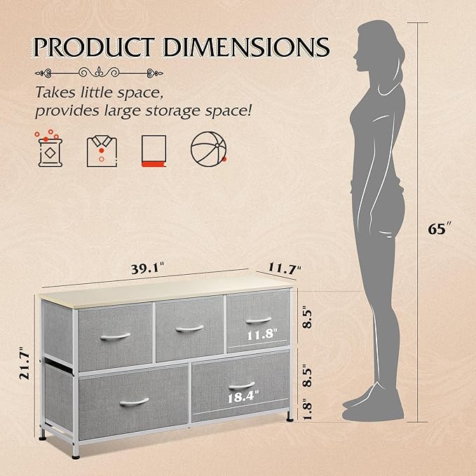 WLIVE Wide Dresser for Bedroom, 5 Drawer Chest of Drawers, Light Grey | 5 roomy fabric drawers, Wide storage design, Bedroom or closet use, Sturdy steel frame, Smooth wood tabletop