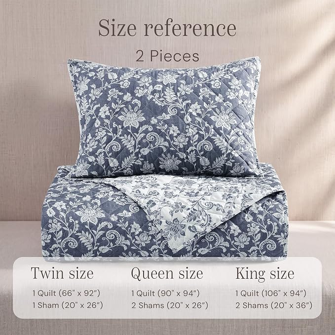 BLOOMHAVEN Queen Quilt Set-3 Pieces Soft Bedding Floral Reversible Coverlet | All Seasons Lightweight Quilts Queen Size for Bed, Breathable Vintage Bedspread with Shams, Oxford Blue