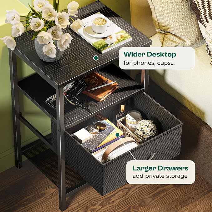 Huuger Night Stand with 2 Drawers, Bed Side Table with Open Shelf | Bedroom Nightstand, Fabric Drawer Dresser, Metal Frame, Couch Side, Living Room, Black